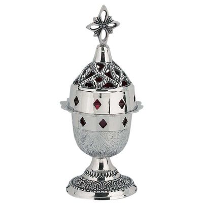 Orthodox Greek Christian Bronze Votive Vigil Oil Lamp with Red Glass - 8831n