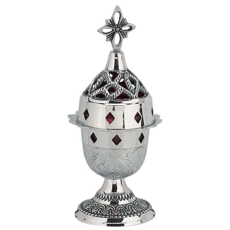 Orthodox Greek Christian Bronze Votive Vigil Oil Lamp with Red Glass - 8831n