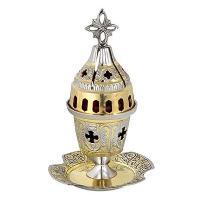 Orthodox Greek Christian Bronze Votive Vigil Oil Lamp with Red Glass - 8652gn