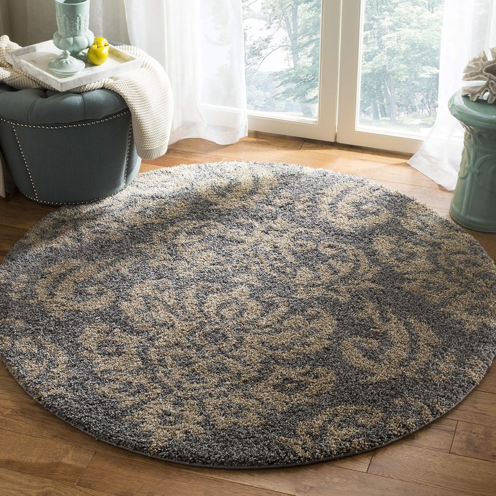 SAFAVIEH Florida Shag Collection Area Rug - 4' Round, Grey & Beige, Damask Design, Non-Shedding & Easy Care, 1.2-inch Thick Ideal for High Traffic Areas in Living Room, Bedroom (SG460-8013)