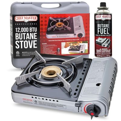 Chef Master 12,000 BTU Portable Butane Stove - Gas Burner for Camping & Outdoor Cooking - Countertop Cooktop with Carry Case, Wind Guard & Electronic Ignition - Portable Cooker & Burner Stove 90235