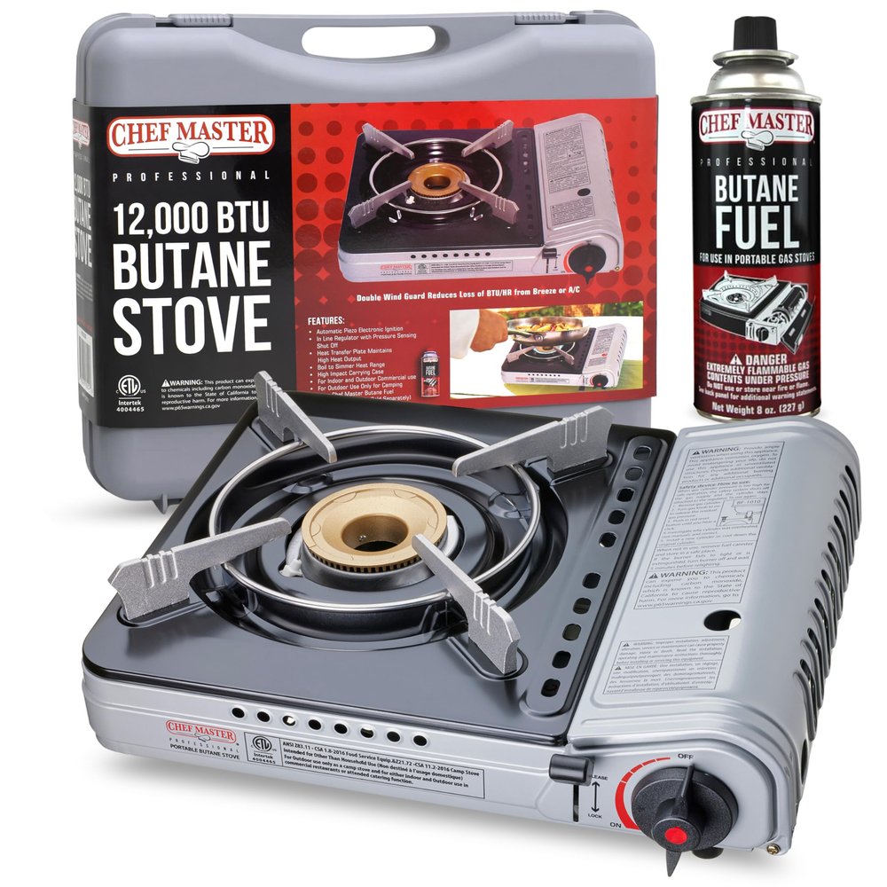 Chef Master 12,000 BTU Portable Butane Stove - Gas Burner for Camping & Outdoor Cooking - Countertop Cooktop with Carry Case, Wind Guard & Electronic Ignition - Portable Cooker & Burner Stove 90235