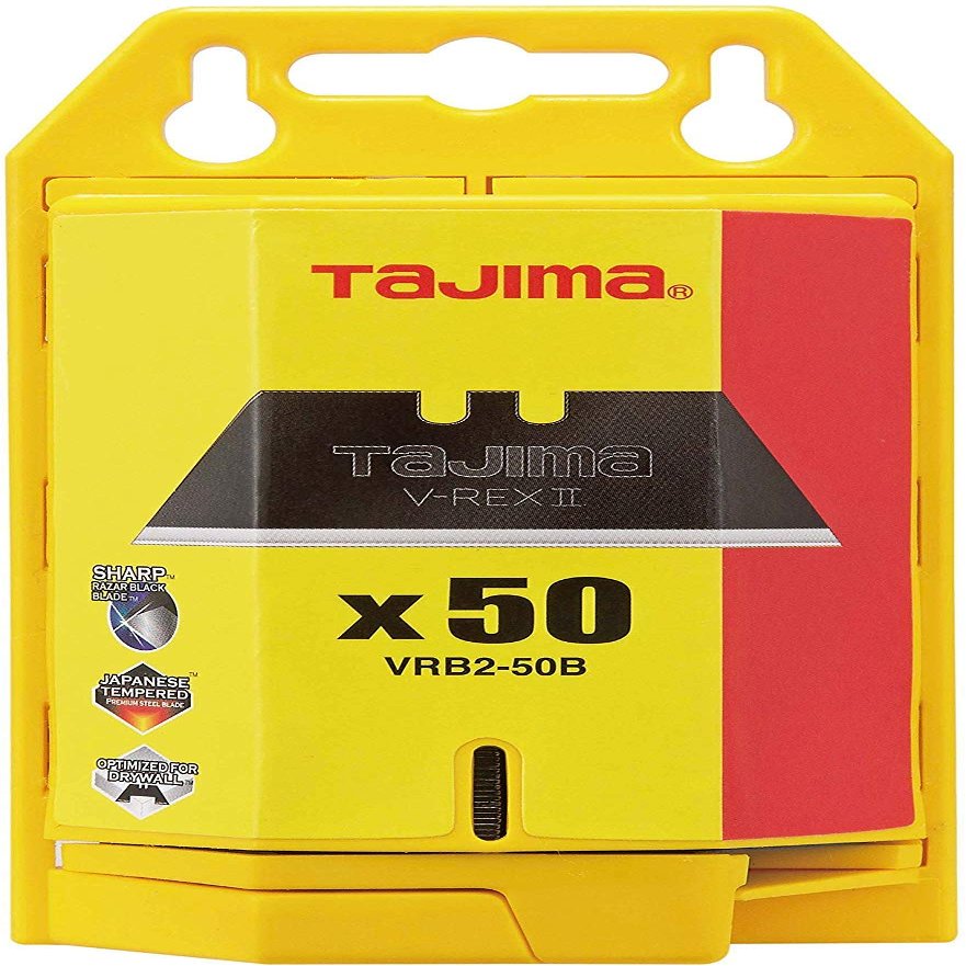 TAJIMA Utility Knife Blades - 50-Pack V-REX II Box Cutter Blades with Premium Tempered Steel & Safety Blade Dispenser - VRB2-50B