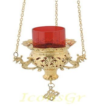 Gold Plated Orthodox Greek Christian Bronze Hanging Votive Vigil Oil Lamp with Chain and Red Glass 9692g