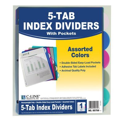 5 Tab Poly Index Dividers With Supplies Slant Pocket Assorted 5 Stand Tab Supplies Cli05750 C-Line Products Inc