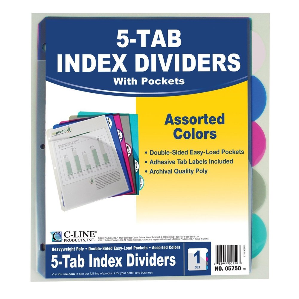 5 Tab Poly Index Dividers With Supplies Slant Pocket Assorted 5 Stand Tab Supplies Cli05750 C-Line Products Inc