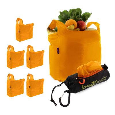 BagPodz Sturdy Reusable Grocery Bags Foldable and Washable - Made From RipStop Nylon Hold 50lbs - Designed in USA Reusable Shopping Bags Inside a Compact Pod with Carry Clip - 5 Pack in Orange