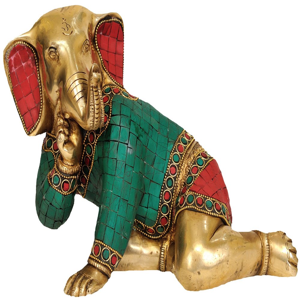 Crawling Ganesha - Brass Statue with Inlay