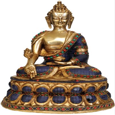 Lapis Buddha of Healing - Brass Statue with Inlay