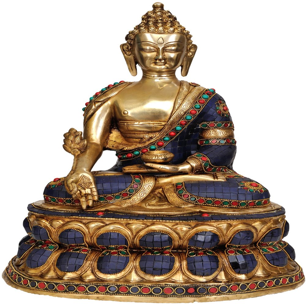 Lapis Buddha of Healing - Brass Statue with Inlay