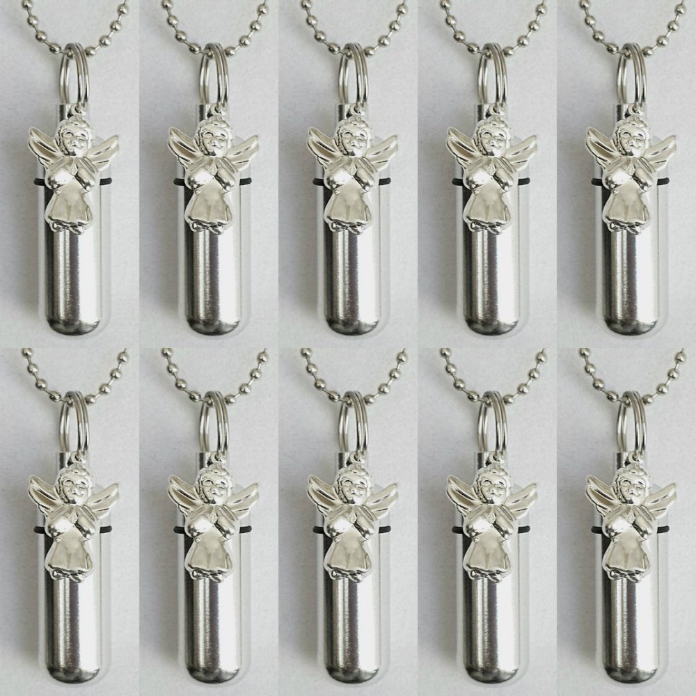 Set of Ten Silver Praying Angel Cremation URN - Includes 10 Velvet Pouches 10 Ball-Chains, Fill Kit