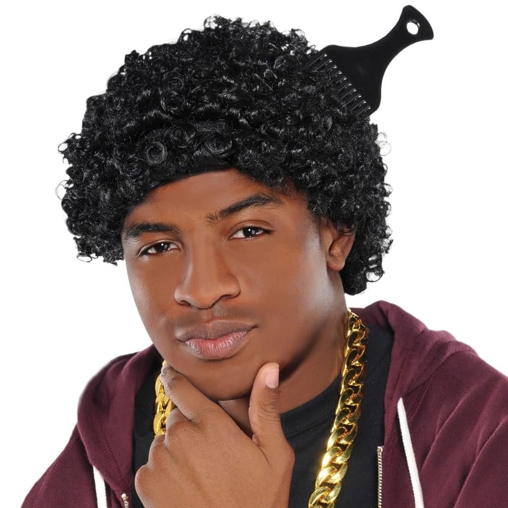 Black Afro Synthetic Hair Wig with Attached Pick (Adult Size) 1 Count - Stunning & Natural-Looking Synthetic Hair - Perfect for Halloween, Cosplay, and Costume Parties