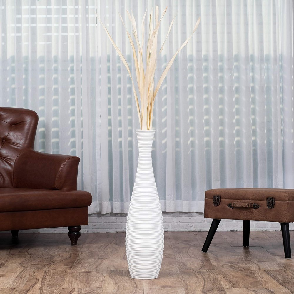 Leewadee Large White Home Decor Floor Vase - Wooden 34 inch Tall Farmhouse Decor Flower Holder for Fake Plant and Pampas Grass