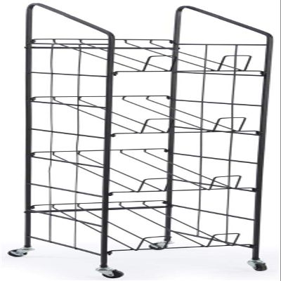 Displays2go Portable Newspaper and Magazine Rack, 4 Angled Shelves, Locking Caster Wheels (Black Steel)