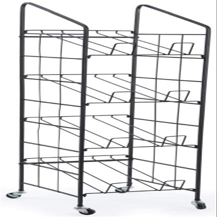 Displays2go Portable Newspaper and Magazine Rack, 4 Angled Shelves, Locking Caster Wheels (Black Steel)
