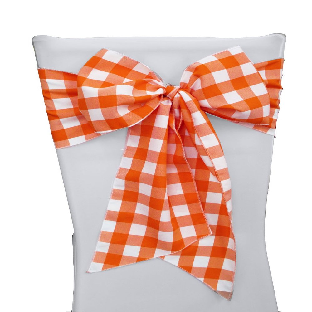 LA Linen Checkered Chair Bows Sashes, 10-Pack, 7, Orange/White 7 by 108-Inch