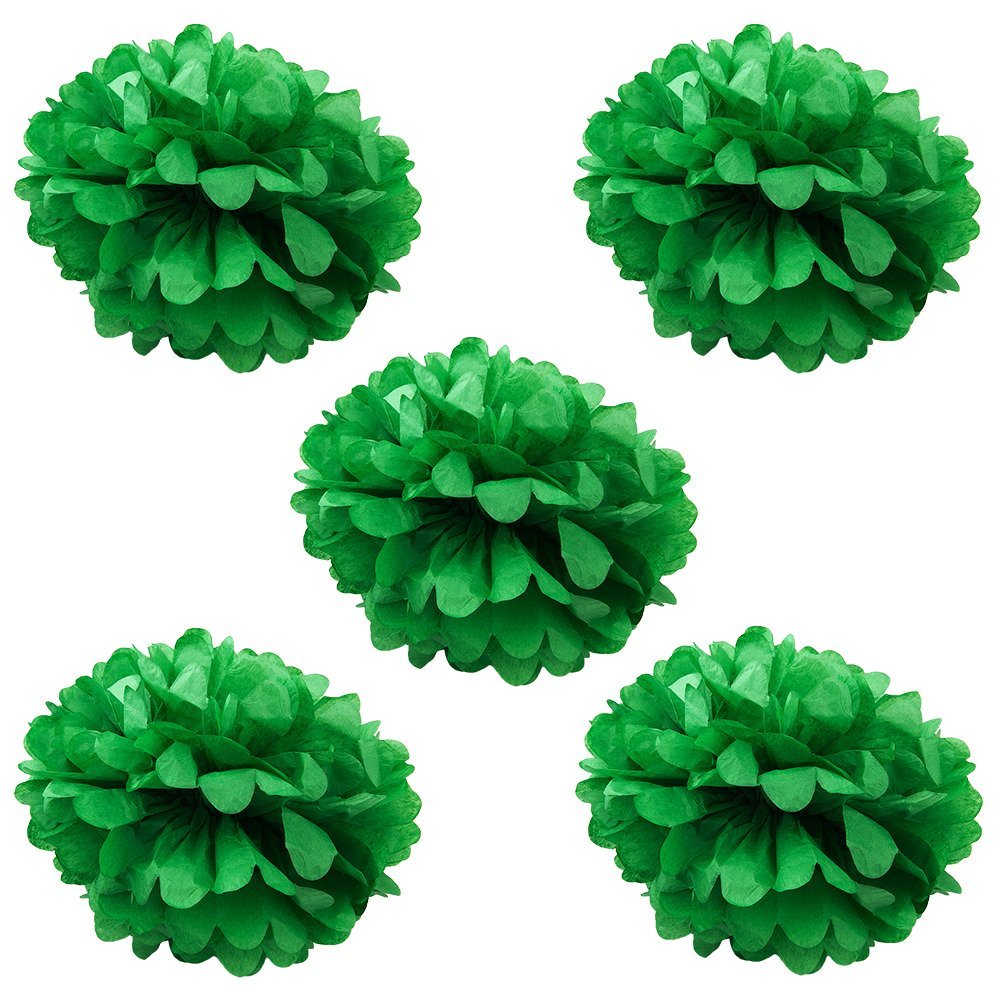 WYZworks Set of 5 - Green 10" - (5 Pack) Tissue Pom Poms Flower Party Decorations for Weddings, Birthday, Bridal, Baby Showers, Nursery, Dcor, Halloween
