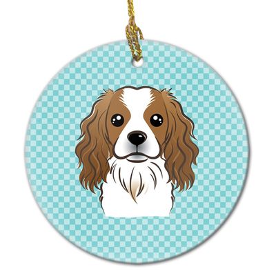 Caroline's Treasures Checkerboard Blue Cavalier Spaniel Ceramic Ornament Christmas Tree Hanging Decorations for Home Christmas Holiday, Party, Gift, 3 in, Multicolor