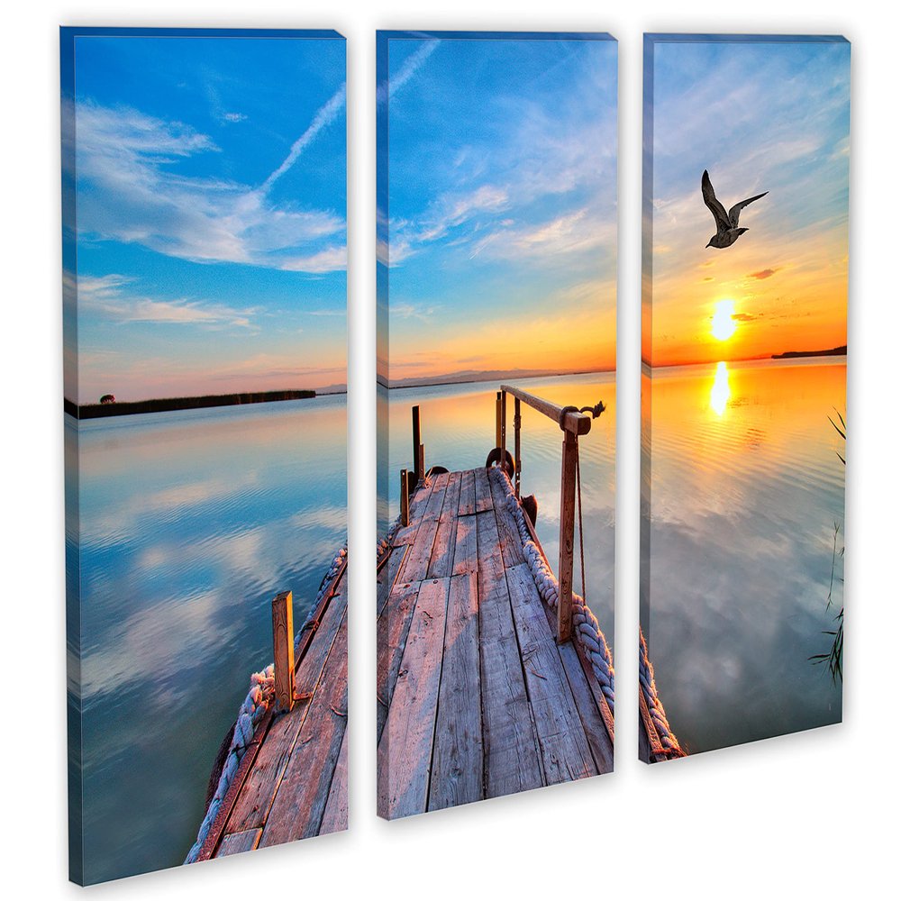 60 x 40 TOTAL - Lake, docks at sunset Canvas Print - 3 Panel Split, Triptych Wall Art