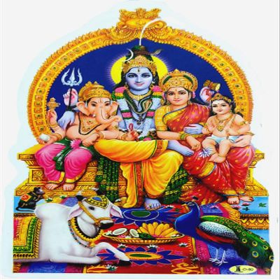 Lord Shiva with Parvati and Baby Ganesha Hindu God Sticker (Size 8" x 7" Inches)
