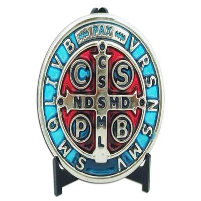 3" Silver Tone with Blue and RED Enamel Saint St Benedict Cross Jubilee Medallion/Medalla San Benito 3" Medalla Jubilar