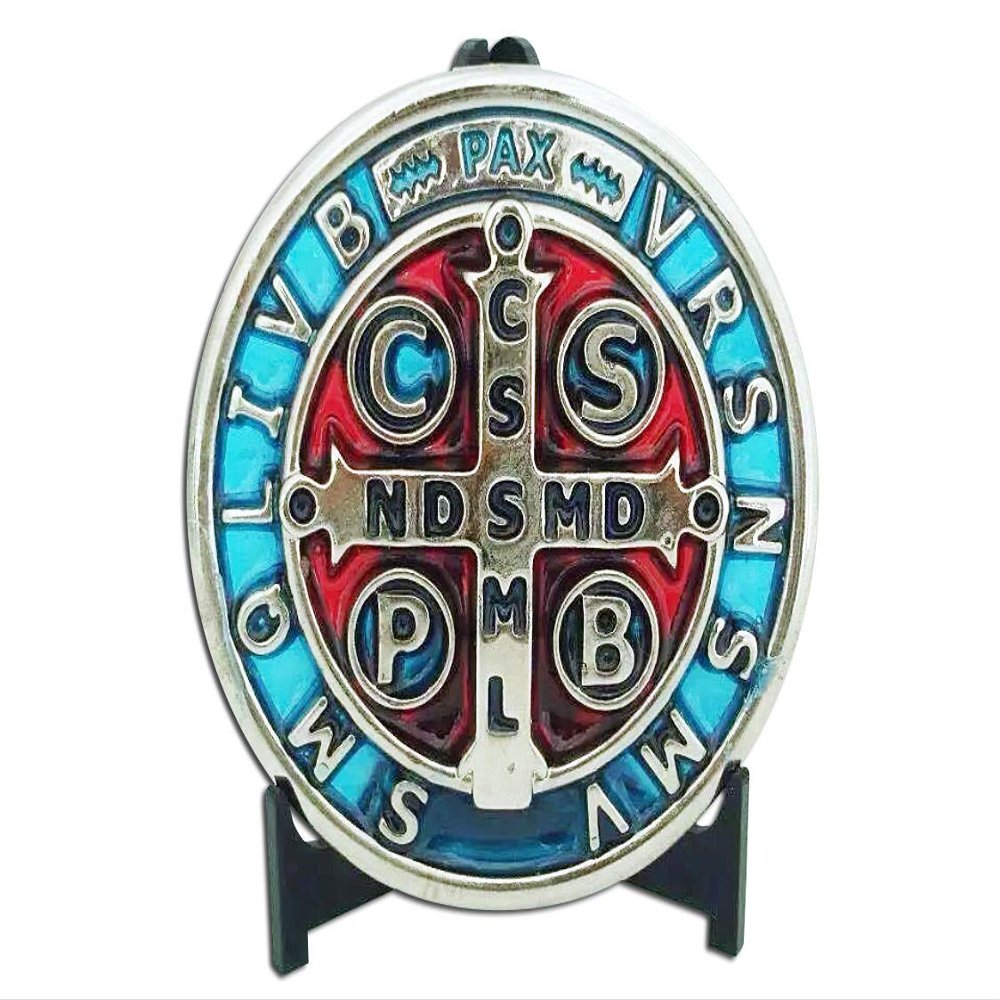 3" Silver Tone with Blue and RED Enamel Saint St Benedict Cross Jubilee Medallion/Medalla San Benito 3" Medalla Jubilar
