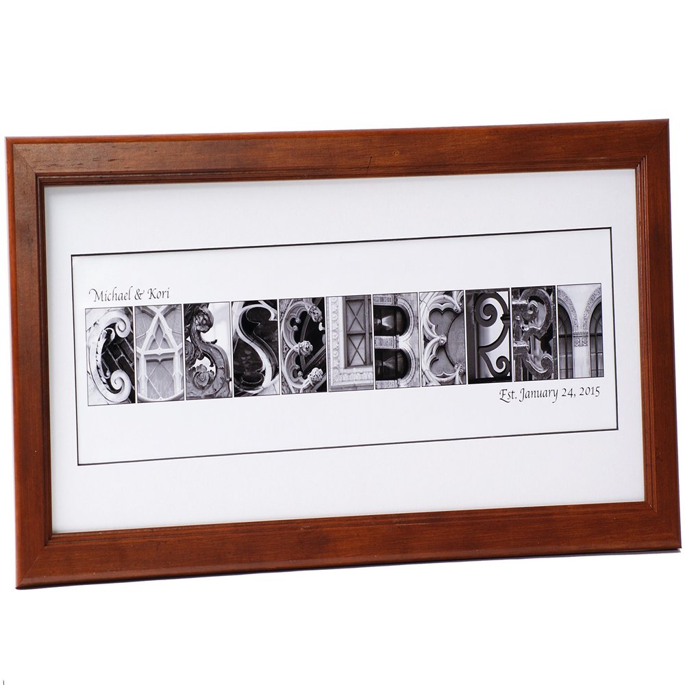 Creative Letter Art Personalized Wedding Name Sign created with Architectural Alphabet Photography includes 12 by 26 inch Frame with Mat - Best Wedding Gift