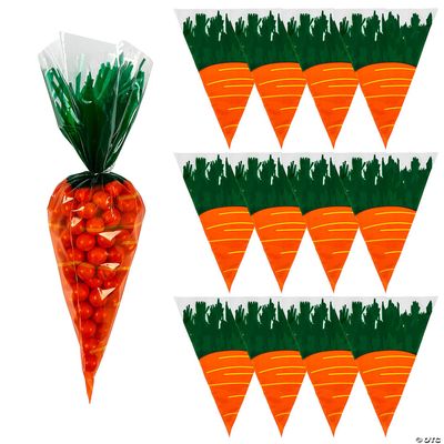 Fun Express 72 Pieces Carrot-Shaped Cellophane Goody Treat Candy Bags - Easter Party Supplies - 9.25 In Long