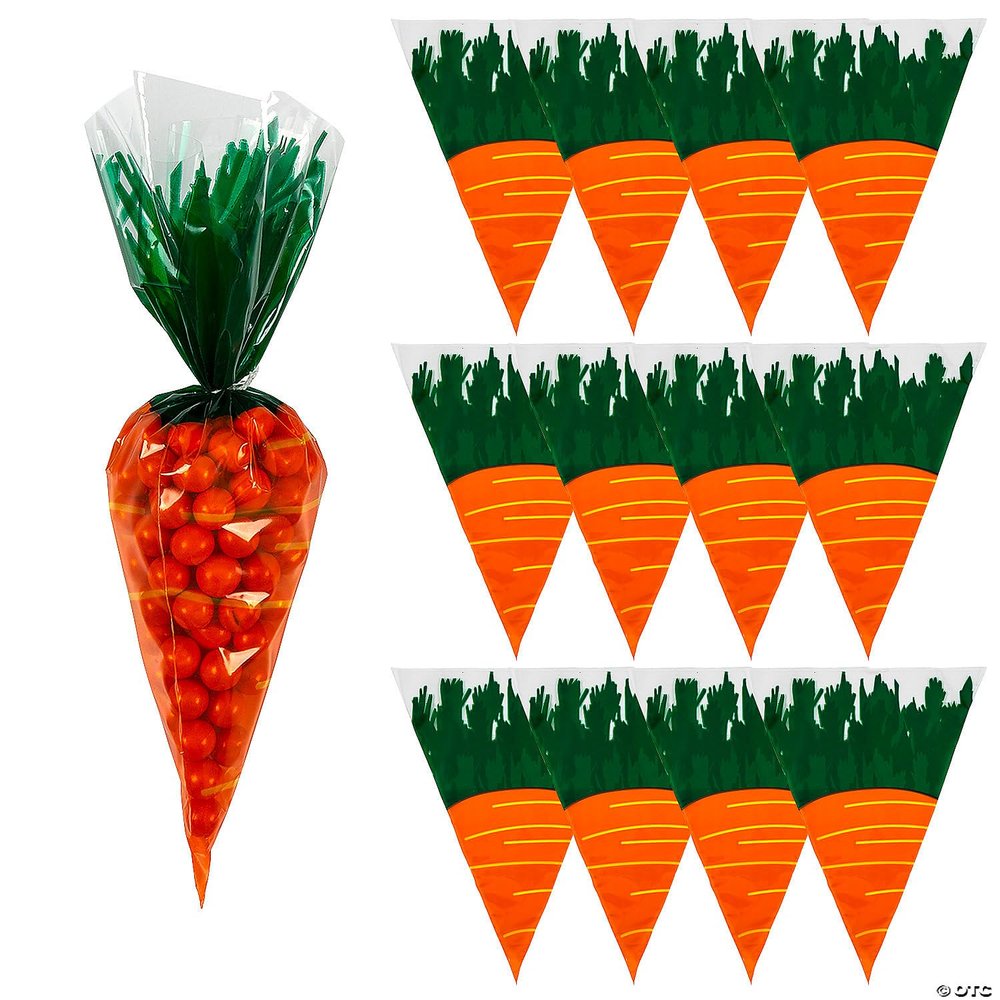 Fun Express 72 Pieces Carrot-Shaped Cellophane Goody Treat Candy Bags - Easter Party Supplies - 9.25 In Long