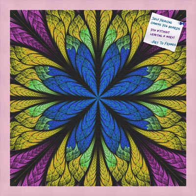 Decorative bulletin board made from self-healing canvas by PinPix, Fractal Psychedelic Flower printed at 20x20 and framed in Baby Pink Stain on Beech