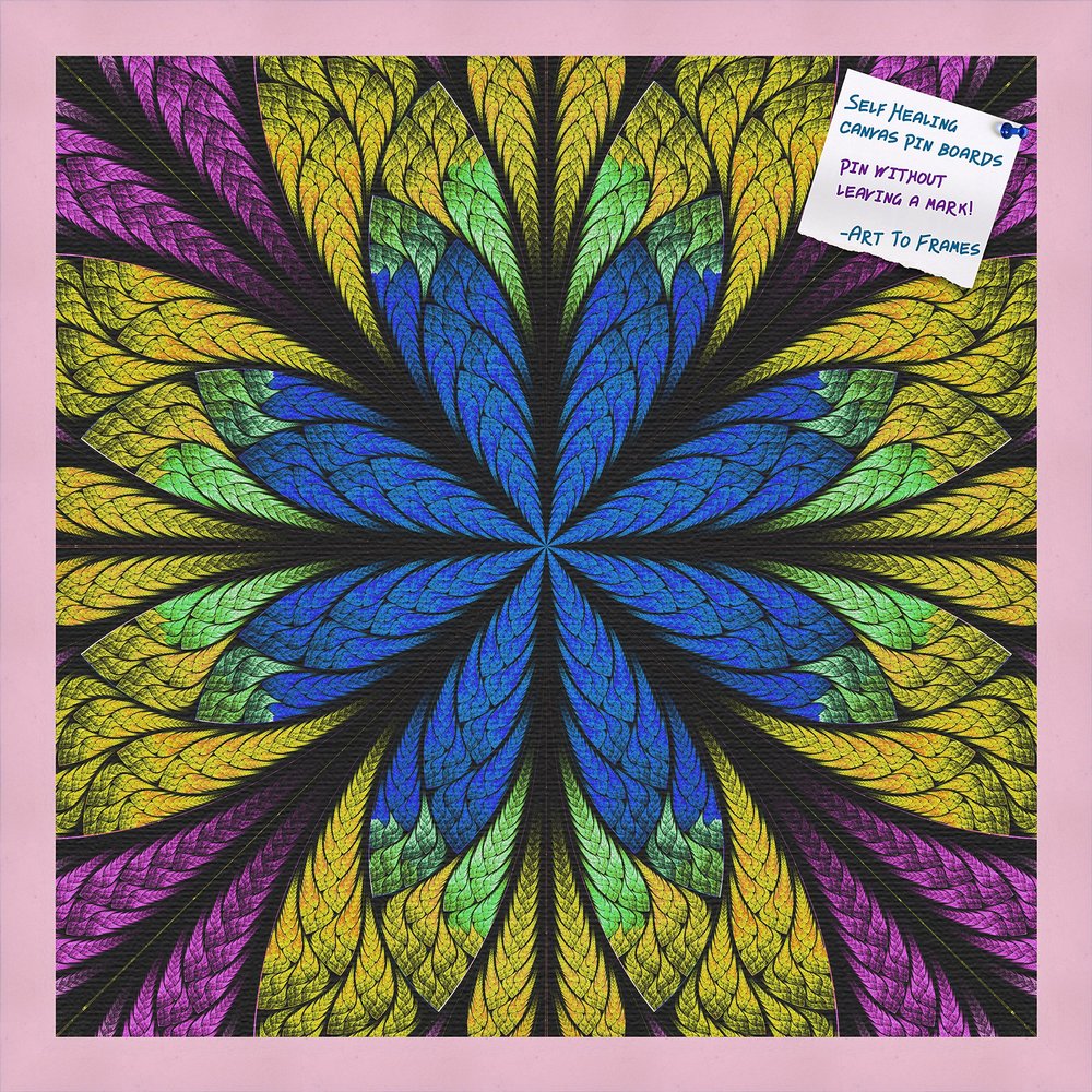 Decorative bulletin board made from self-healing canvas by PinPix, Fractal Psychedelic Flower printed at 20x20 and framed in Baby Pink Stain on Beech