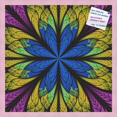Decorative bulletin board made from self-healing canvas by PinPix, Fractal Psychedelic Flower printed at 24x24 and framed in Baby Pink Stain on Beech