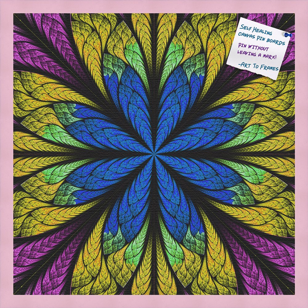 Decorative bulletin board made from self-healing canvas by PinPix, Fractal Psychedelic Flower printed at 24x24 and framed in Baby Pink Stain on Beech