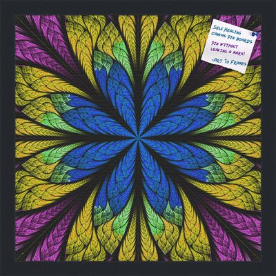 Decorative bulletin board made from self-healing canvas by PinPix, Fractal Psychedelic Flower printed at 16x16 and framed in Satin Black