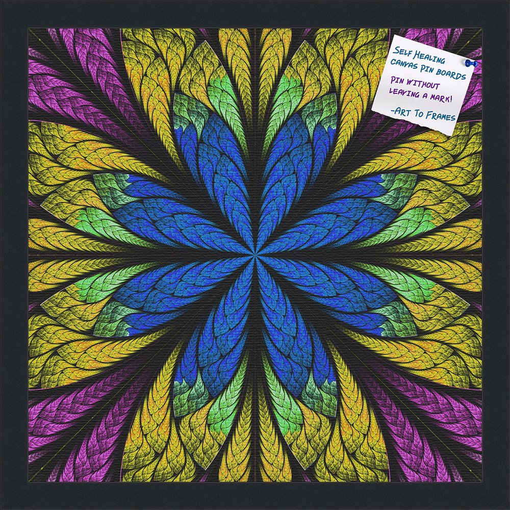 Decorative bulletin board made from self-healing canvas by PinPix, Fractal Psychedelic Flower printed at 16x16 and framed in Satin Black