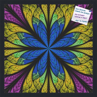 Decorative bulletin board made from self-healing canvas by PinPix, Fractal Psychedelic Flower printed at 20x20 and framed in Satin Black