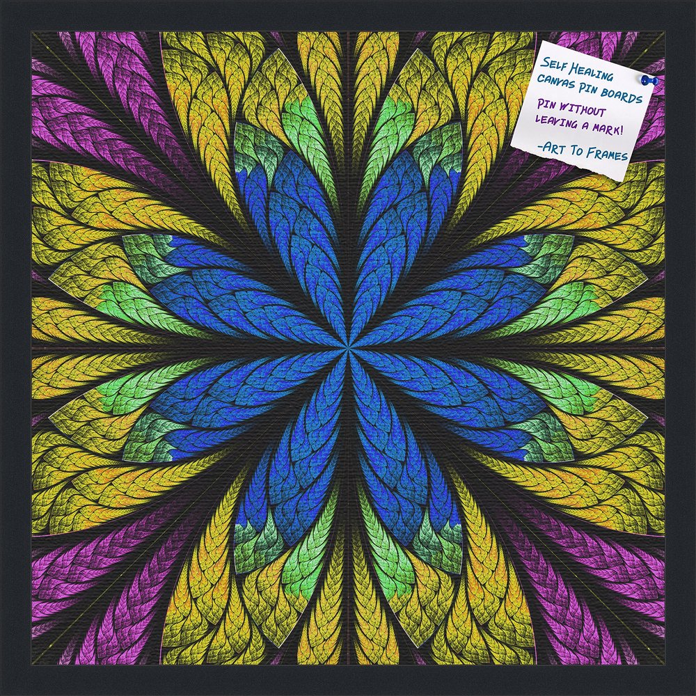 Decorative bulletin board made from self-healing canvas by PinPix, Fractal Psychedelic Flower printed at 20x20 and framed in Satin Black