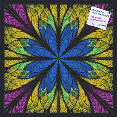 Decorative bulletin board made from self-healing canvas by PinPix, Fractal Psychedelic Flower printed at 24x24 and framed in Satin Black