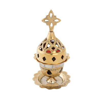 Orthodox Greek Christian Bronze Votive Vigil Oil Lamp with Red Glass - 9353Mop