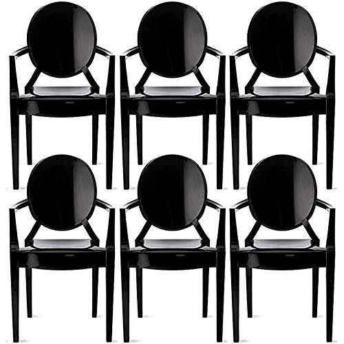 2xhome  Set of 6 Modern Ghost Chair Armchair with Arm Polycarbonate Plastic (Black)