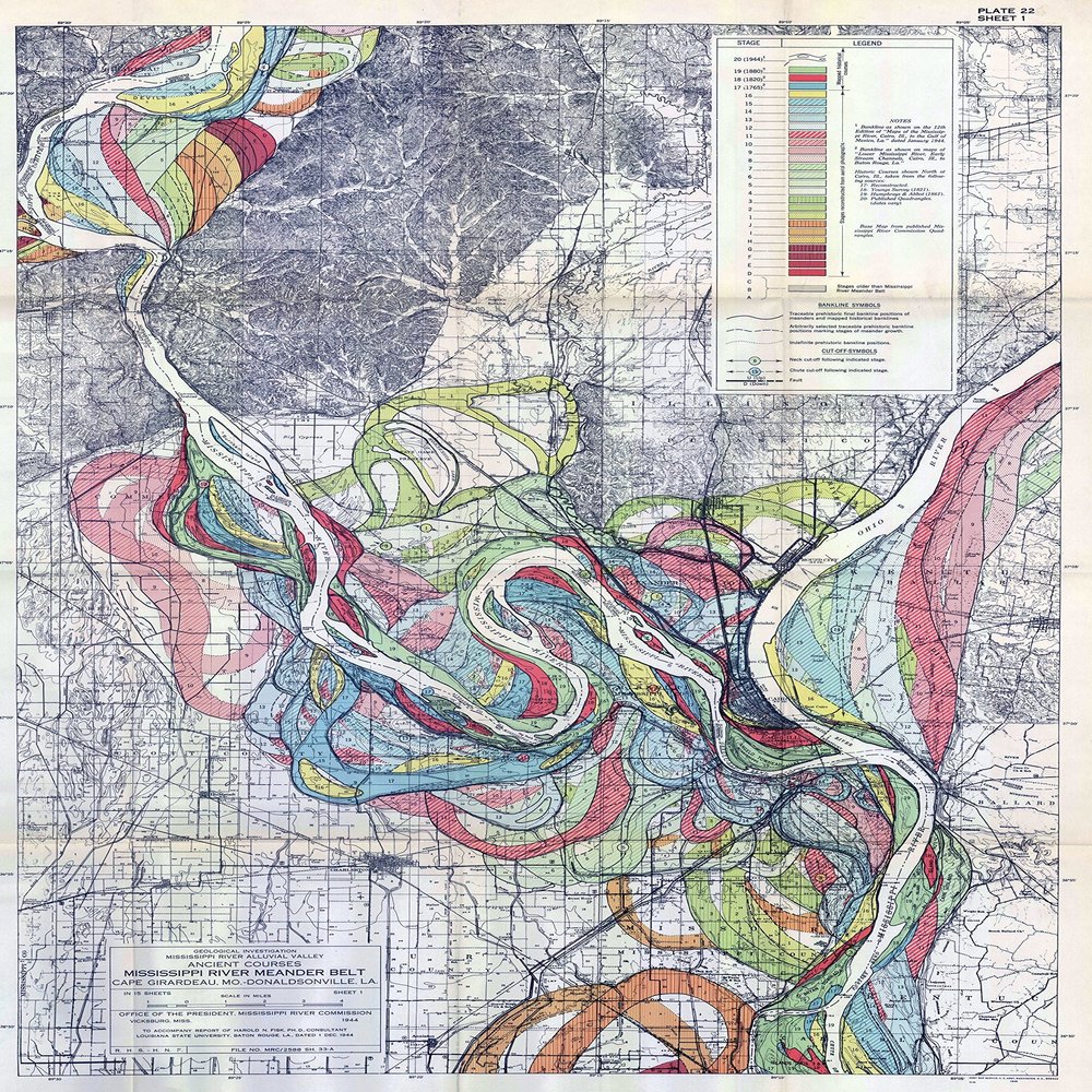 1944 Fisk Mississippi Meander Map Ancient River Bed Sheet 1 - Map Reproduction 16 X 24 inches