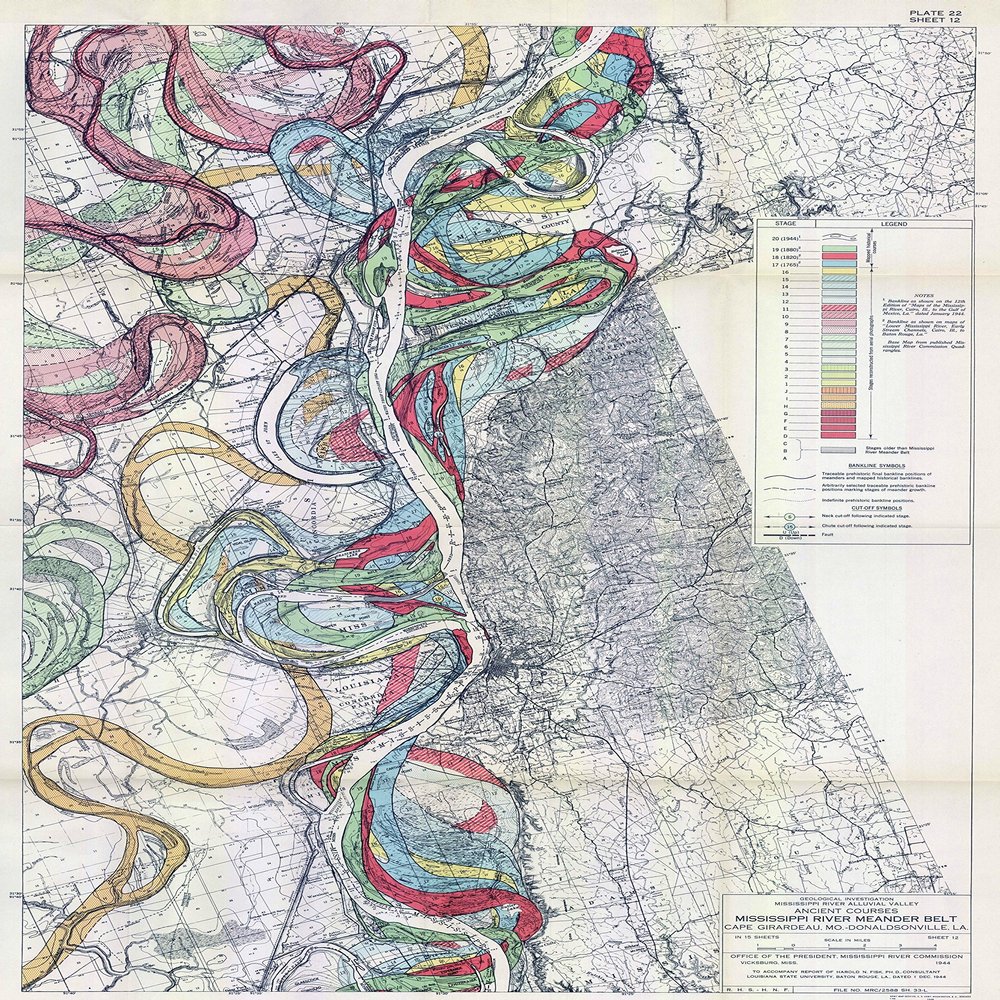 1944 Fisk Mississippi Meander Map Ancient River Bed Sheet 12 - Map Reproduction 16 X 24 inches
