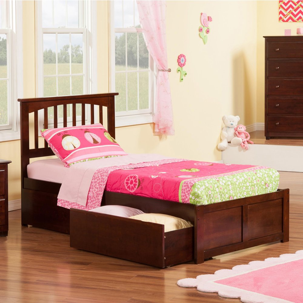 AFI Mission Twin XL Size Platform Bed with Footboard & Storage Drawers in Walnut
