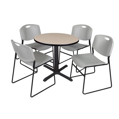 Cain 30" Round Breakroom Table- Cherry & 4 Zeng Stack Chairs- Grey