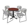 Cain 30" Round Breakroom Table- Cherry & 4 Zeng Stack Chairs- Grey view 3