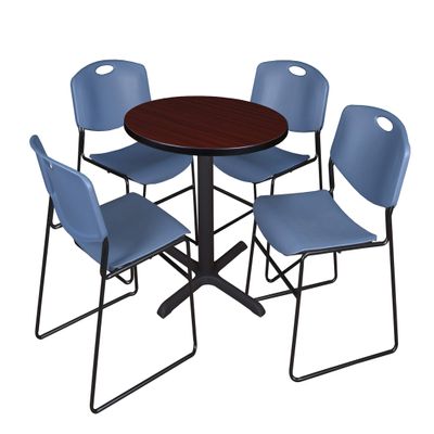Cain 30" Round Breakroom Table- Mahogany & 4 Zeng Stack Chairs- Blue