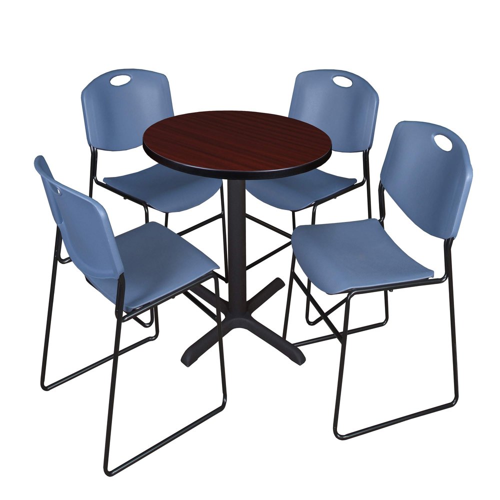 Cain 30" Round Breakroom Table- Mahogany & 4 Zeng Stack Chairs- Blue