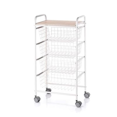 DON HIERRO - Kitchen Cart with 4 Removable Baskets  2-Tier Rolling Utility & Storage Cart on Wheels, White Steel Frame with Ash Laminated Top  Modern & Space-Saving - Fiesta