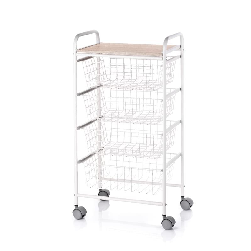 DON HIERRO - Kitchen Cart with 4 Removable Baskets  2-Tier Rolling Utility & Storage Cart on Wheels, White Steel Frame with Ash Laminated Top  Modern & Space-Saving - Fiesta
