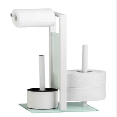 WENKO Toilet Paper Stand with Toilet Brush and Spare Roll Holder, Toilet Paper Holder Stand, Toilet Paper Roll Holder, White, 7.09 x 27.56 x 7.68 in
